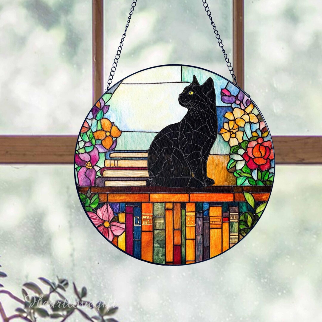 Black Cat Sitting on Bookshelf Glass Suncatcher Hanging, Book Window ...