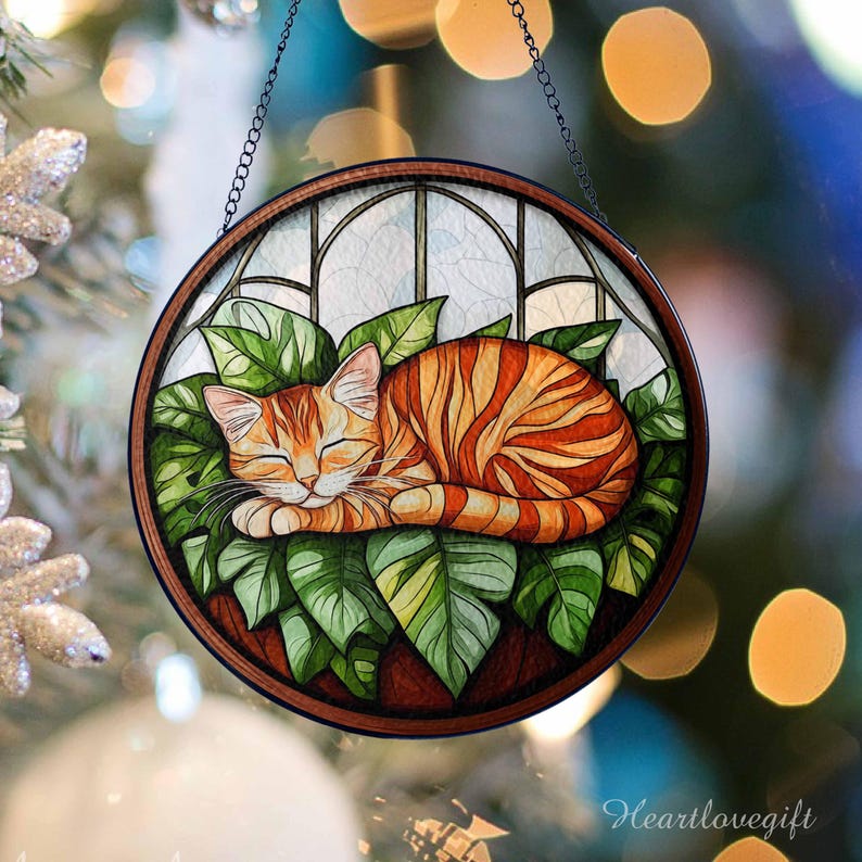 Orange Cat in Monstera Stained Glass Suncatcher, Plant Lover Gift ...