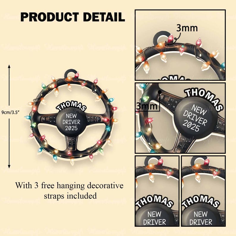 Pode incluir: Um ornamento em forma de volante preto decorado com luzes de Natal coloridas. O centro apresenta o texto "THOMAS" e "NEW DRIVER 2025". Mede 9 cm de altura e 3 mm de espessura. Tr&ecirc;s al&ccedil;as para pendurar est&atilde;o inclu&iacute;das.