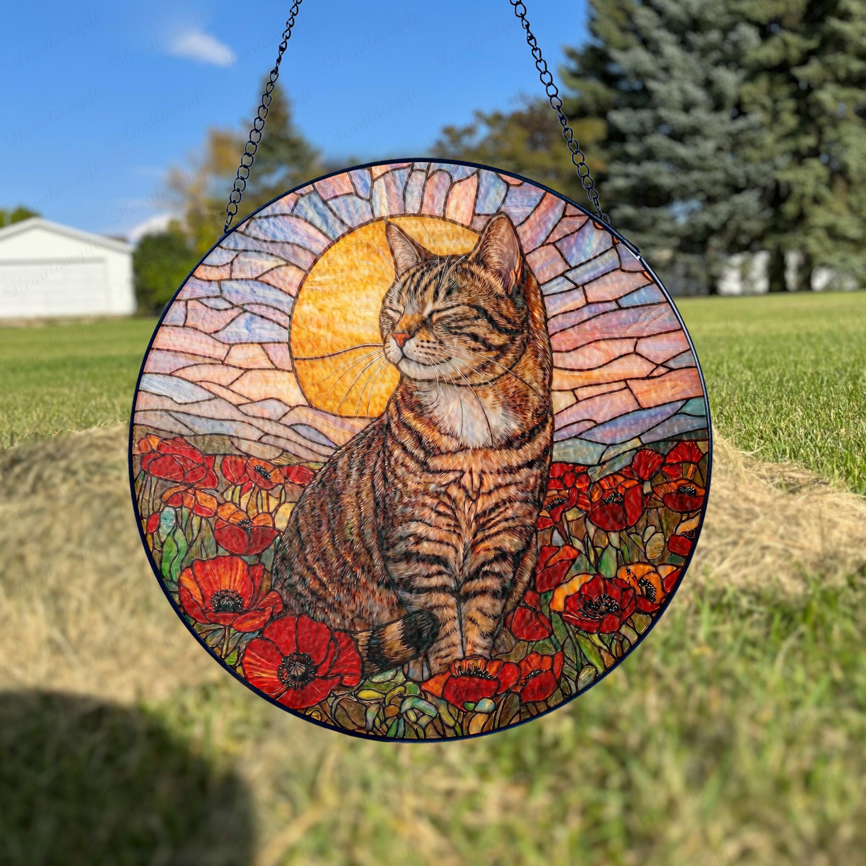 Tabby Cat Glass Suncatcher, Mothers Day Gift for Mom Cat, Poppies ...