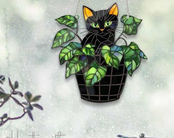 Black Cat in Plant Pot Acrylic Window Hanging, Black Cat Cute Acrylic Suncatcher, Cat Lover Gift, Botanical Home Decor, Greenery Window Art