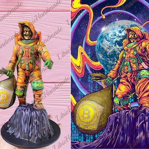 May include: A 3D printed figurine of an astronaut holding a bag of Bitcoin. The astronaut is wearing an orange and green spacesuit with a yellow helmet. The bag is brown and has a Bitcoin logo on it. The figurine is standing on a black base.