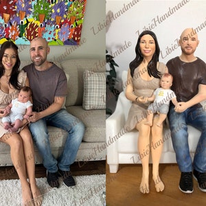 May include: A custom-made figurine set of a family of three. The figurines are made of painted polymer clay and depict a couple and their baby. The couple is sitting on a white couch, and the baby is sitting on the woman's lap. The woman is wearing a beige dress, and the man is wearing a brown shirt and blue jeans. The baby is wearing a white shirt and blue pants.