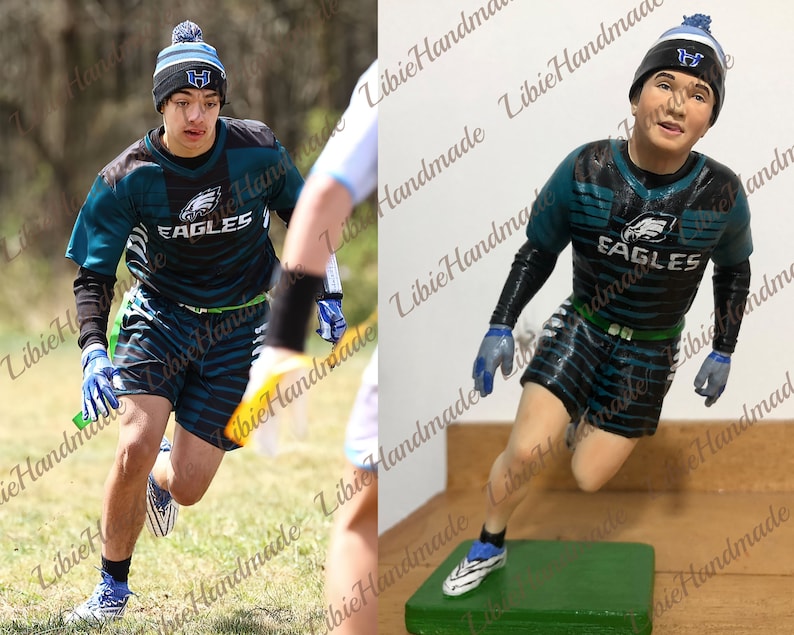 May include: A person in a teal and black football uniform with the word "EAGLES" on the chest, wearing a blue and white beanie. The person is running on a field. A figurine of the person is also shown.