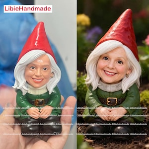 May include: A garden gnome figurine featuring a person with white hair, a red pointed hat, and a green tunic with a brown belt. The figure has a smiling expression and is depicted in two views, one held in a hand and one placed in soil.