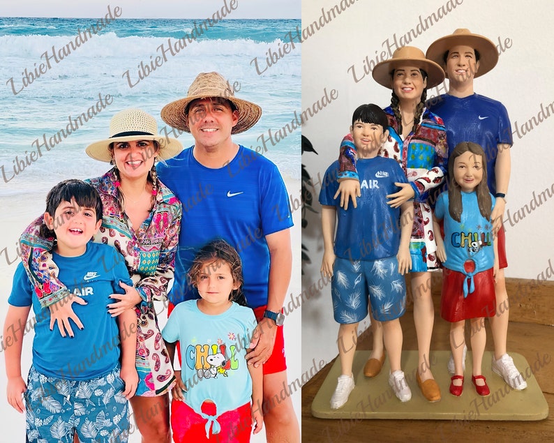 May include: A family of five figurines, painted in realistic detail, wearing casual summer clothing. The figurines are posed in a relaxed, friendly manner, with the parents standing in the center and the children flanking them. The figurines are standing on a beige base.