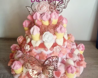 Gâteau de bonbons Papillon Rose Gold Blanc et Dorée anniversaire