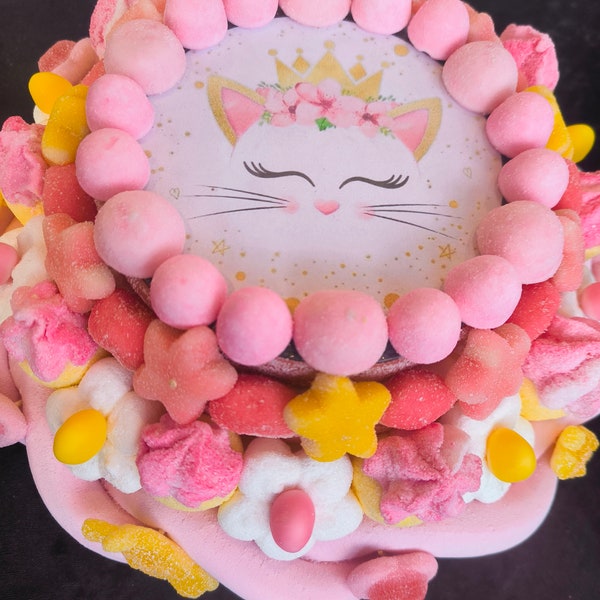 Gâteau de bonbons Princesse Chat Couronne Anniversaire enfant fille personnalisé fait main