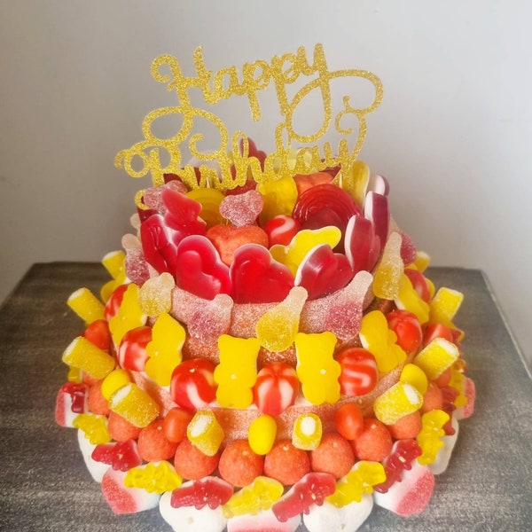 Gâteau de bonbons Haribo coloré Anniversaire enfant adulte personnalisé fait main Rouge Jaune