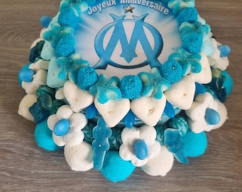 Gâteau de bonbons OM Olympique Marseillais 3 étages enfant adulte Fan de foot personnalisé fait main