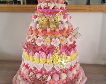 Gâteau de bonbons XXL Rose gold blanc dorée chic raffiné, thème papillon