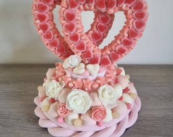 Gâteau de bonbons XL Double cœur Mariage Saint Valentin Amour rose blanc Fleurs roses Adulte personnalisé fait main