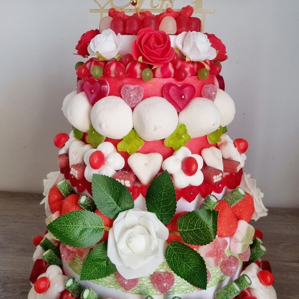 Gâteau de bonbons Rouge Vert Blanc Déco Fleurs Rose Anniversaire Mariage Noël