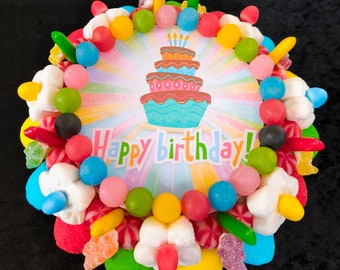 Gâteau de bonbons coloré Anniversaire Happy Birthday enfant adulte personnalisé fait main