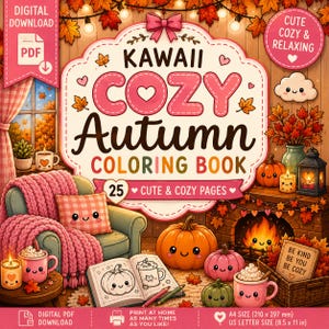 Op de afbeelding: Een digitaal kleurboek-omslag getiteld Kawaii Cozy Autumn met 25 pagina's. De illustratie toont een gezellige kamer met een open haard, een roze gebreide deken op een stoel, pompoenen en mokken met gezichtjes. Bevat tekst: Digital Download, A4 Size 210 x 297 mm.