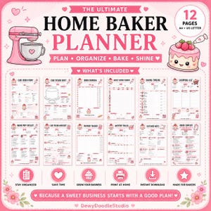 Puede incluir: Un conjunto de 12 páginas de planificador para pasteleros en rosa y blanco, con una batidora, una ilustración de pastel y texto que incluye "THE ULTIMATE HOME BAKER PLANNER". Contiene formularios para pedidos, diseño, precios, inventario y listas.
