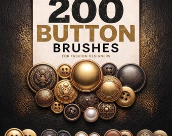 200 sellos de botones para Procreate, pinceles de botones y cierres para diseño de ropa de moda.