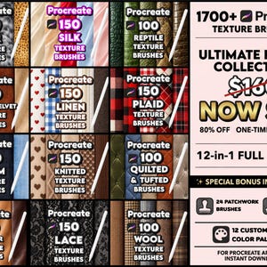 K&ouml;nnte beinhalten: Werbung f&uuml;r Procreate-Texturpinsel, die eine Reihe von Stoffeffekten zeigen. Das Bild zeigt verschiedene Pinselsets, wie Fell, Seide und Denim. Der Text bewirbt die "Ultimate Fabric Collection" mit einem reduzierten Preis und zus&auml;tzlichem Inhalt.