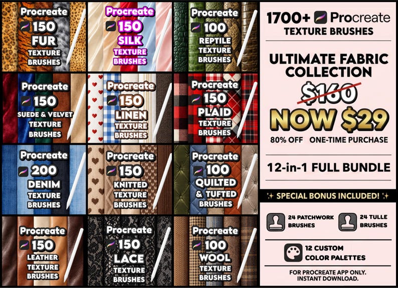 K&ouml;nnte beinhalten: Werbung f&uuml;r Procreate-Texturpinsel, die eine Reihe von Stoffeffekten zeigen. Das Bild zeigt verschiedene Pinselsets, wie Fell, Seide und Denim. Der Text bewirbt die "Ultimate Fabric Collection" mit einem reduzierten Preis und zus&auml;tzlichem Inhalt.