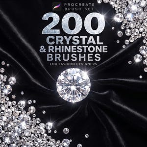 Könnte beinhalten: Eine digitale Grafik mit dem Text 200 CRYSTAL & RHINESTONE BRUSHES FOR FASHION DESIGNERS und einem Procreate-Logo. Der Hintergrund besteht aus schwarzem Samtstoff, der mit zahlreichen funkelnden, facettierten klaren Kristallen und Strasssteinen verziert ist.
