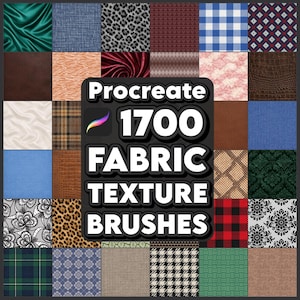 May include: A digital art graphic showcasing a variety of fabric textures. The image features a central text block that reads "Procreate 1700 Fabric Texture Brushes." The textures include satin, denim, animal prints, plaid, and lace.