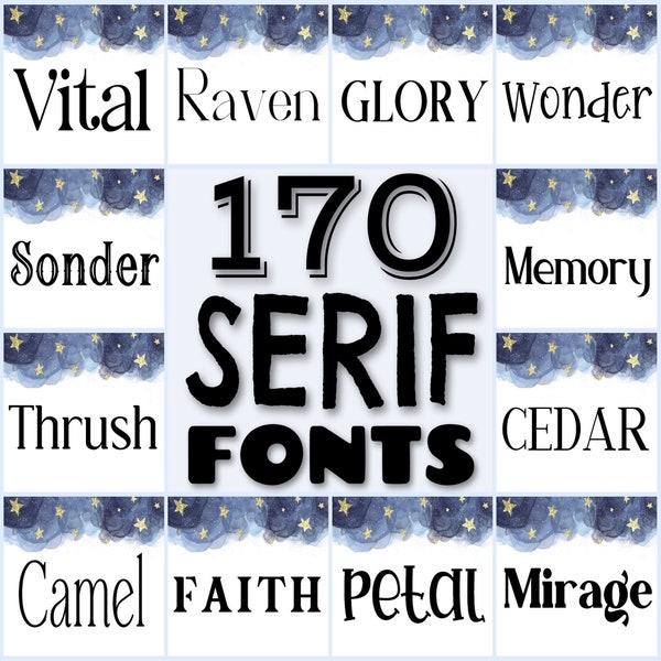 170 Serif fonts bundle, classic fonts, logo font pack, modern font set, handwritten fonts, strictly fonts, Procreate font, commercial use