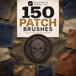 Pode incluir: Uma exibição de produto digital com o texto Procreate Brush Set 150 Patch Brushes For Fashion Designers. Um emblema preto circular com um design de caveira bordado em cinza está centralizado entre várias amostras de tecido quadradas de jeans e couro.