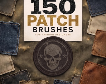 150 sellos de parches para Procreate, parches bordados y pinceles de apliques para diseño de ropa.