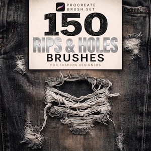 May include: A digital product graphic featuring a Procreate brush set titled 150 RIPS & HOLES BRUSHES FOR FASHION DESIGNERS. The background displays a dark, distressed denim fabric texture with several prominent frayed rips and holes.