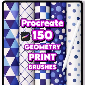 Op de afbeelding: Een digitale tablet toont een verzameling geometrische printpenselen voor Procreate. De afbeelding toont verschillende blauw-witte patronen, met de tekst "Procreate 150 Geometry Print Brushes" in roze en wit. Een witte stylus is ook zichtbaar.