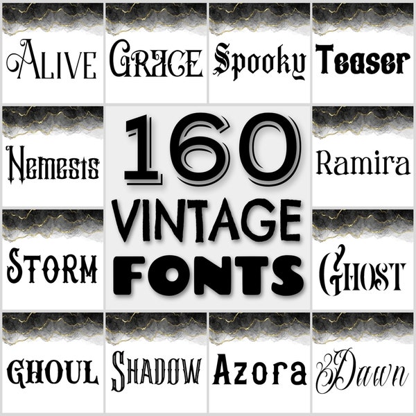 160 Vintage font bundle, retro fonts set, antique fonts, handwritten fonts, vintage typeface, Procreate font, gothic fonts, commercial use