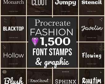 1500 sellos de fuentes de moda, fuentes Procreate para ropa, paquete de diseño de prendas de vestir, cuadrículas de gráficos y letras