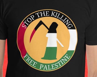 May include: Black t-shirt with a circular graphic. The graphic features a figure with a scythe, colored in the Palestinian flag colors, and the text "STOP THE KILLING" and "FREE PALESTINE" in a circular design.