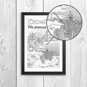 May include: Black and white illustration of a scene from "The Lord of the Rings: The Return of the King" depicting the Battle of Pelennor Fields. The image shows the Witch-king of Angmar on horseback, leading an army of orcs and other creatures against the forces of Gondor and Rohan.