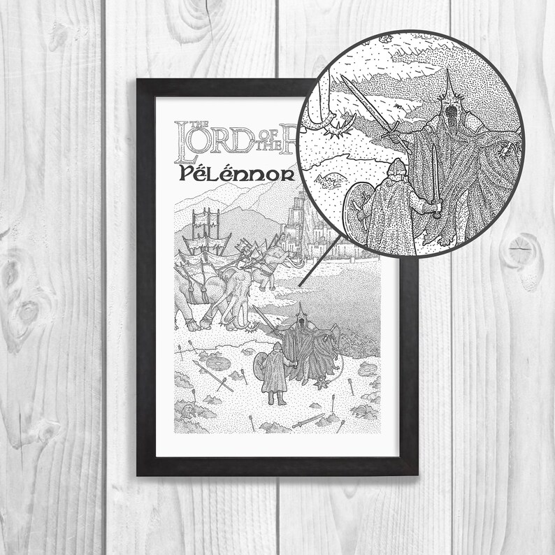 May include: Black and white illustration of a scene from "The Lord of the Rings: The Return of the King" depicting the Battle of Pelennor Fields. The image shows the Witch-king of Angmar on horseback, leading an army of orcs and other creatures against the forces of Gondor and Rohan.