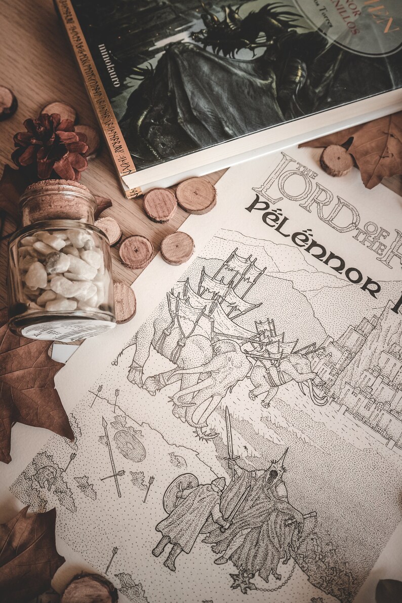 May include: A black and white illustration of a scene from The Lord of the Rings, depicting the Battle of Pelennor Fields. The illustration shows a group of orcs riding on wargs attacking a group of men on horseback. The illustration is printed on a white sheet of paper with the title "The Lord of the Rings: Pelennor Fields" printed at the top.