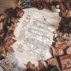 Peut inclure: Un dessin en noir et blanc d'une pagode japonaise avec des personnages Pokémon autour. Le dessin est entouré de feuilles d'automne, de pommes de pin et d'autres objets sur le thème de Pokémon.