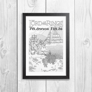 May include: Black and white illustration of a scene from "The Lord of the Rings" depicting a battle on the Pelennor Fields. The image shows a group of figures in the foreground, with a city in the background.