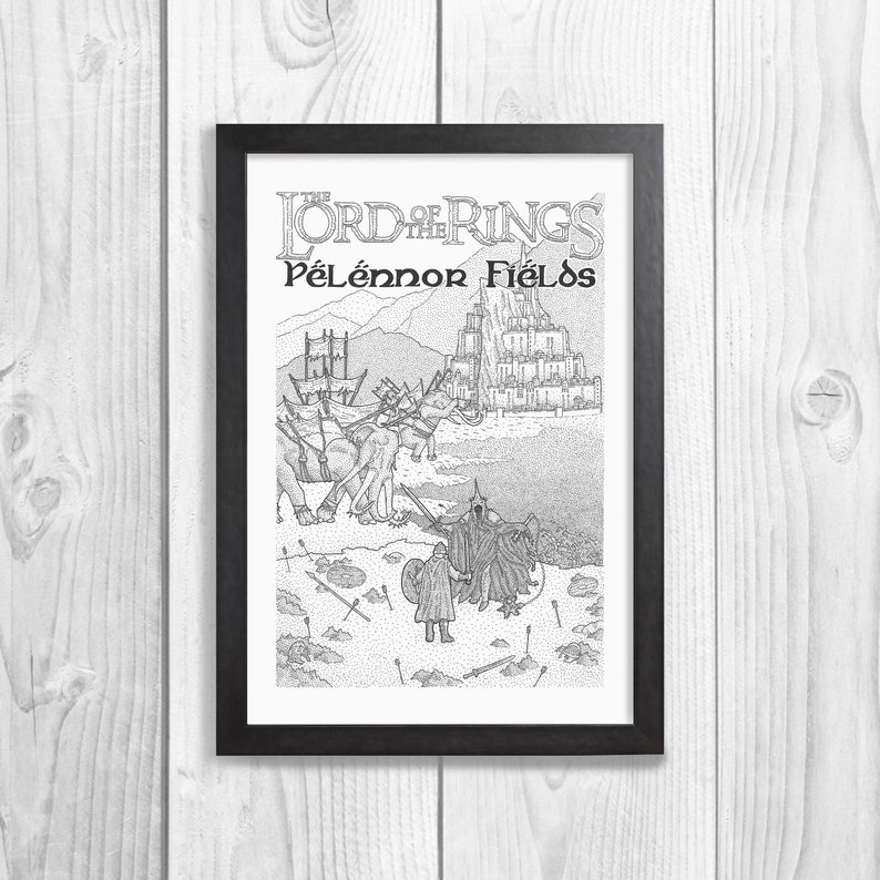 May include: Black and white illustration of a scene from "The Lord of the Rings" depicting a battle on the Pelennor Fields. The image shows a group of figures in the foreground, with a city in the background.
