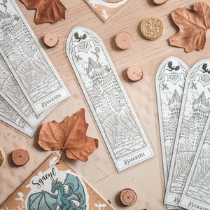 Puede incluir: Un conjunto de cuatro marcapáginas con una ilustración en blanco y negro de un castillo con un dragón volando por encima. Los marcapáginas están hechos de plástico transparente y tienen la palabra "Basgiath" impresa en ellos. También hay una pegatina de un dragón azul con la palabra "Sgacyl" impresa en ella.