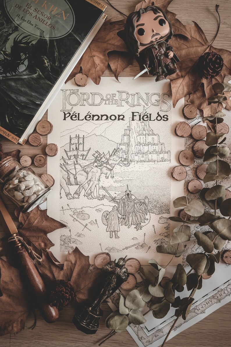 May include: A black and white illustration of the battle of Pelennor Fields from The Lord of the Rings. The illustration is surrounded by fall leaves, wooden discs, and a small figurine of Aragorn.
