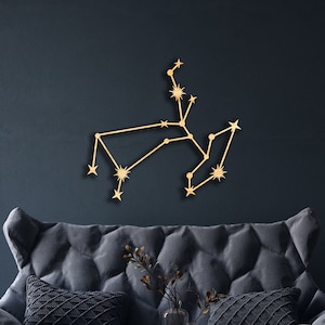 Dekoracja ścienna Strzelca z drewna, Wiszący znak, Sztuka drewniana, Słońce, Księżyc i gwiazdy, Znak zodiaku, Astronomia niebieska, Sztuka ścienna konstelacji