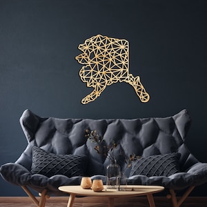 Décoration murale de carte de l'Alaska en bois, signe suspendu, art mural en bois, carte géométrique d'état, cadeau de conception de géométrie, décor de figure, Juneau, Anchorage