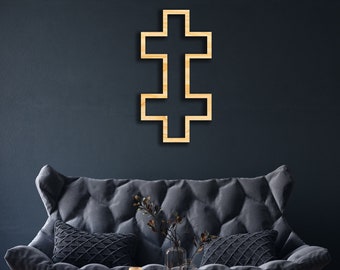 Double Cross of Lorraine Two-Barred wall decor from wood, Hanging Sign, Wooden Art, Angevin Cross, Heraldic, Cross with equal crossbars