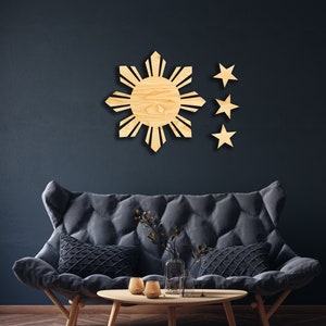 Decoração de parede de sol e estrelas filipinas em madeira, placa suspensa, arte de parede de madeira, bandeira das Filipinas, símbolo nacional, filipino