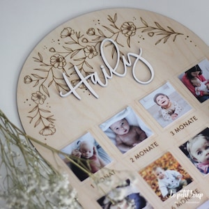 Wooden milestone board for the first baby year I photo board I personalized I suitable for 12 pictures