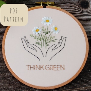 PDF pattern Embroidery tutorial, Hand embroidery pattern, beginner embroidery PDF pattern, botanical embroidery designs, Think Green