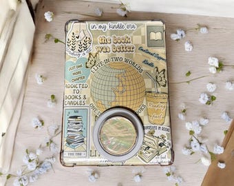 May include: A decorative box with a collage of book-themed stickers and illustrations. The box features a globe, a stack of books, and the text "I live in two worlds".