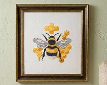 Motif bourdon et nid d'abeille au point de croix. Modèle de couture facile pour débutant. Téléchargement numérique instantané