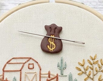 Dollar Money Bag Needle Minder: Handmade Polymer Clay Magnetic Keeper. Embroidery & Cross Stitch Gift